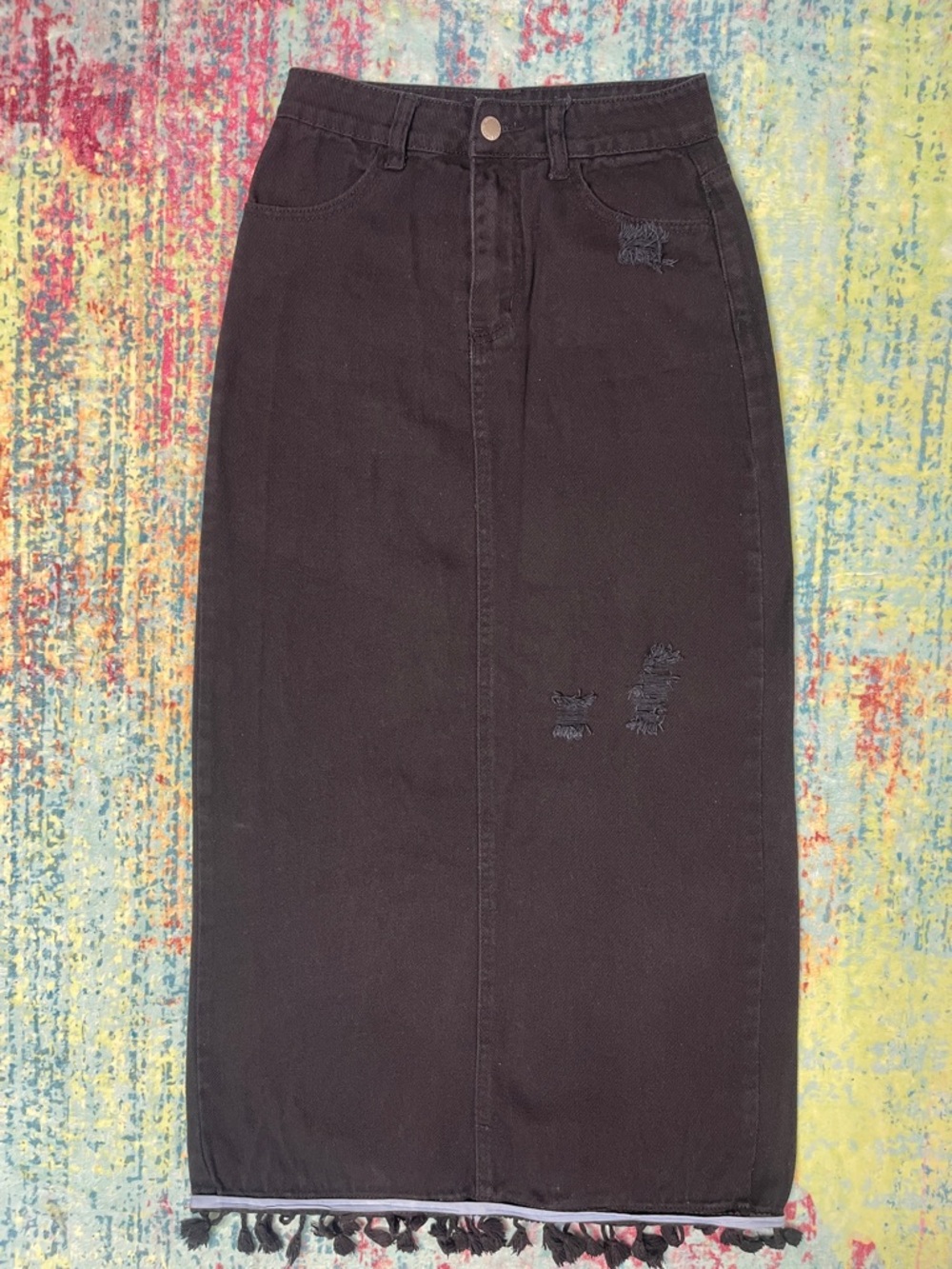 Slit in back SHEIN Black Distressed Denim Maxi Skirt